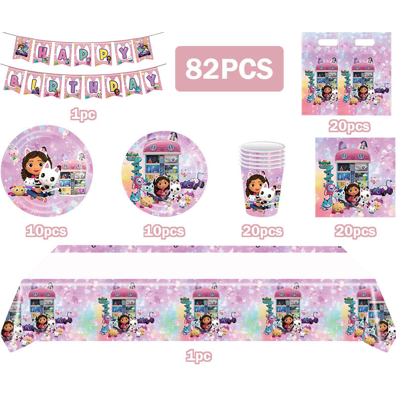 Table Cloth Disposable - ชุดตกแต่งงานวันเกิดธีมแมวแก๊บบี้สุดน่ารัก ประกอบด้วยจานกระดาษ แก้วน้ำ ผ้าปูโต๊ะ ถุงของขวัญ ตุ๊กตาแก๊บบี้